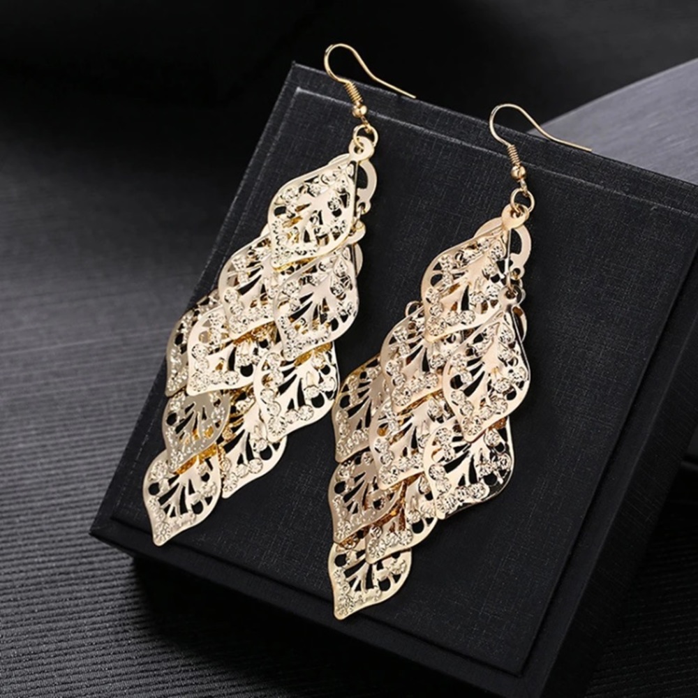 Gold Tone Long Leaves Earrings